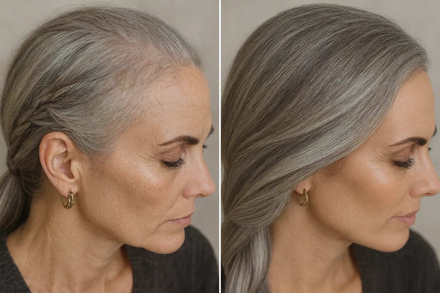 Denise R., 57 — temple and hairline, before and after 90 days